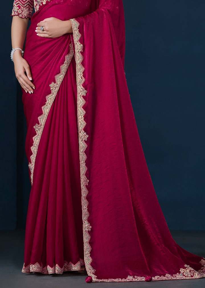 Ruby Pink Satin Silk Saree with Elegant Handwork and Sequins Details