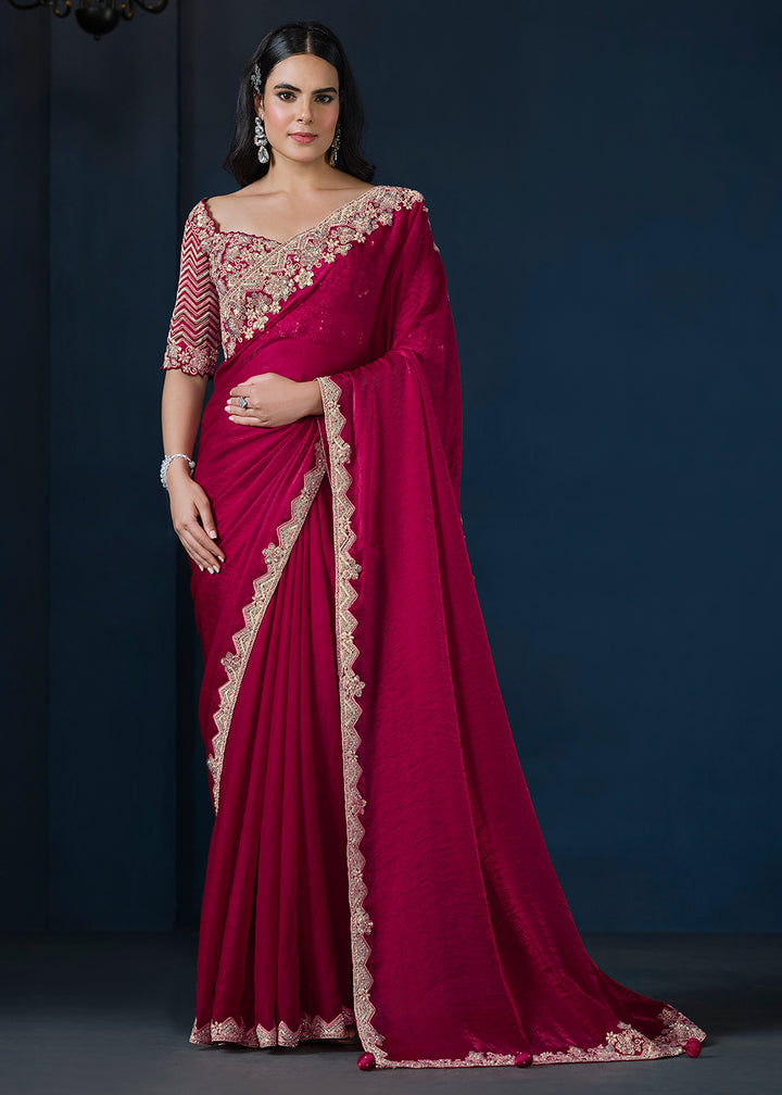 Ruby Pink Satin Silk Saree with Elegant Handwork and Sequins Details