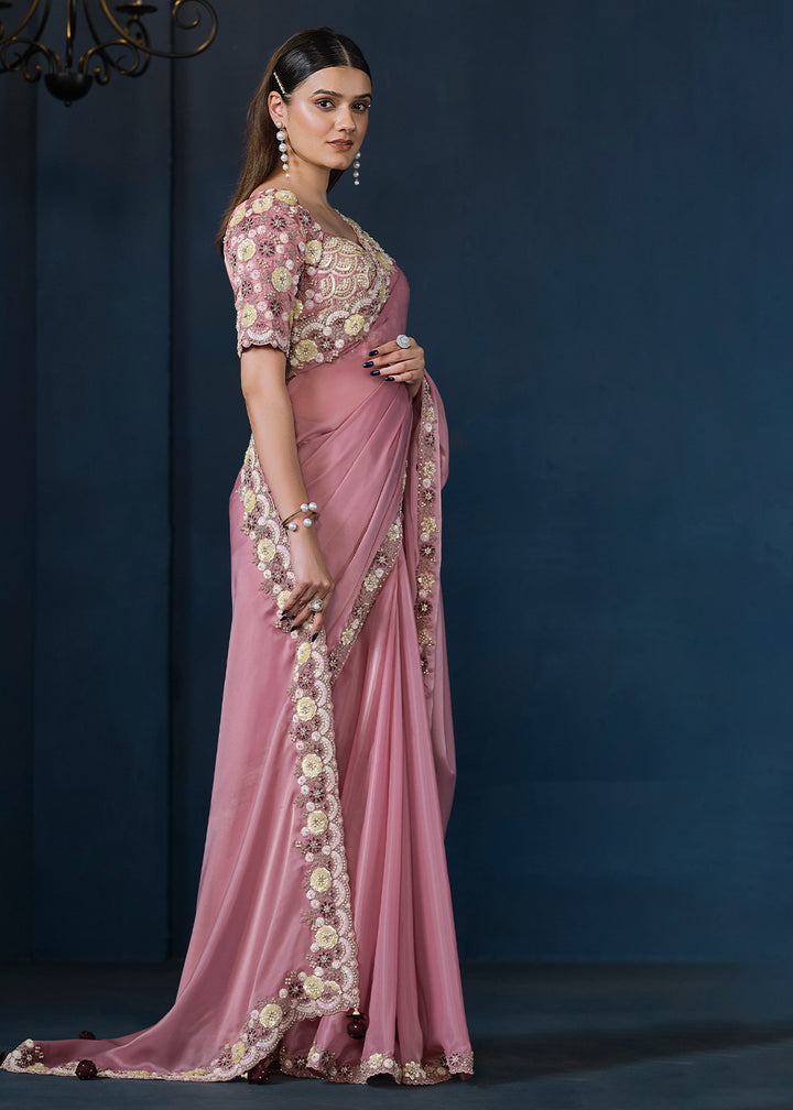 Lilac Purple Satin Silk Saree with Sequins and Moti work