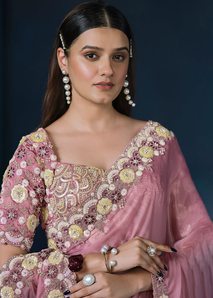 Lilac Purple Satin Silk Saree with Sequins and Moti work