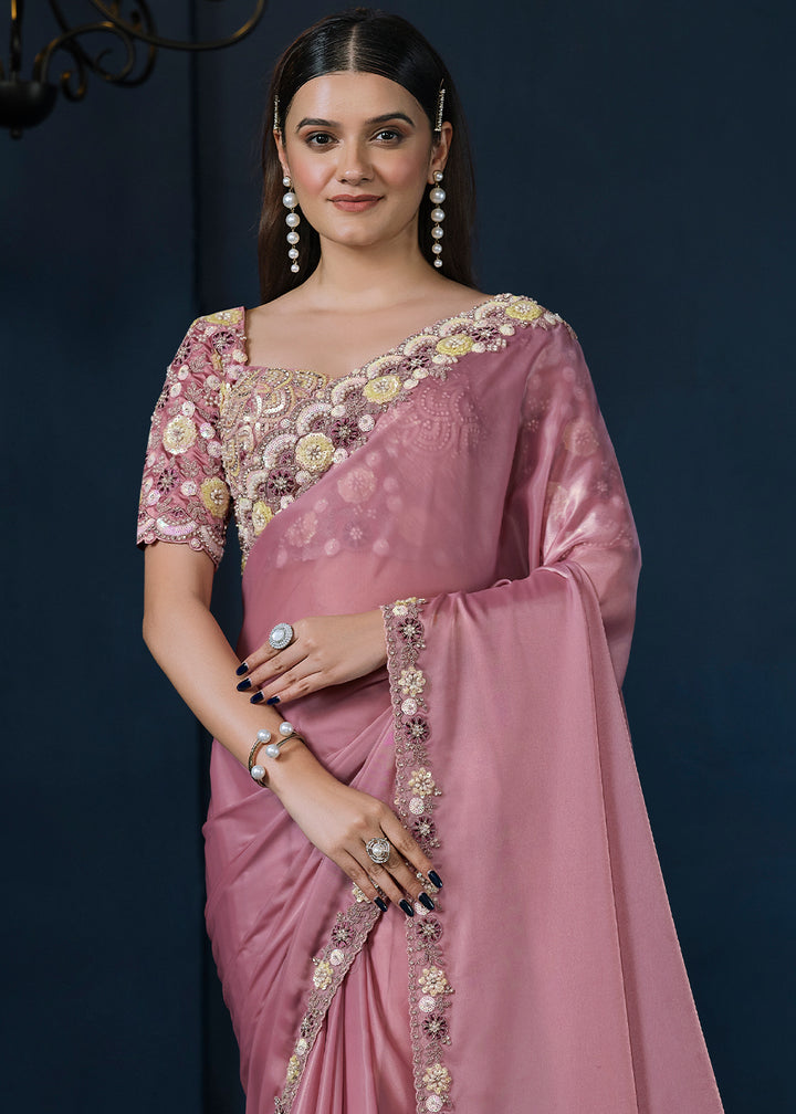 Lilac Purple Satin Silk Saree with Sequins and Moti work