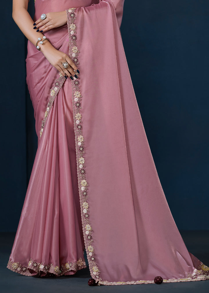 Lilac Purple Satin Silk Saree with Sequins and Moti work