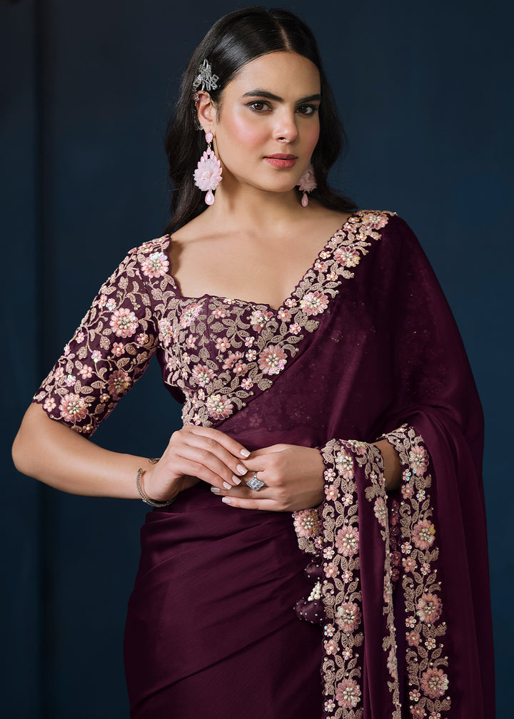Rasin Purple Satin Chiffon Saree with Sequins and Moti work