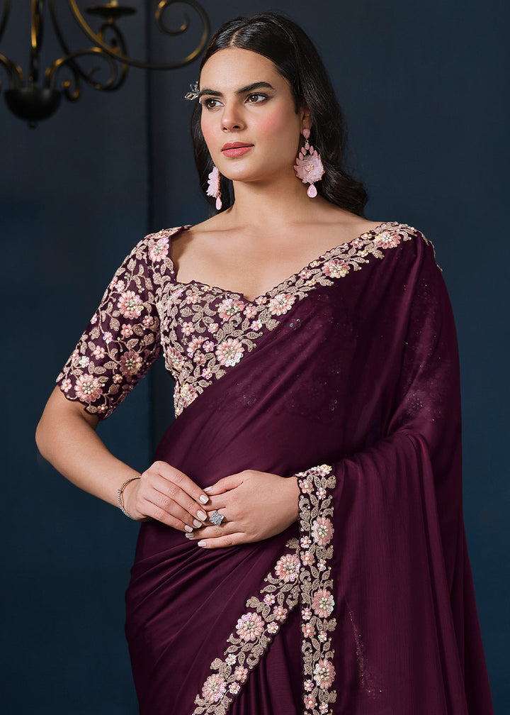 Rasin Purple Satin Chiffon Saree with Sequins and Moti work