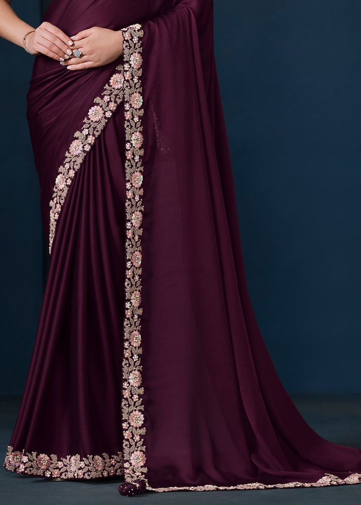Rasin Purple Satin Chiffon Saree with Sequins and Moti work