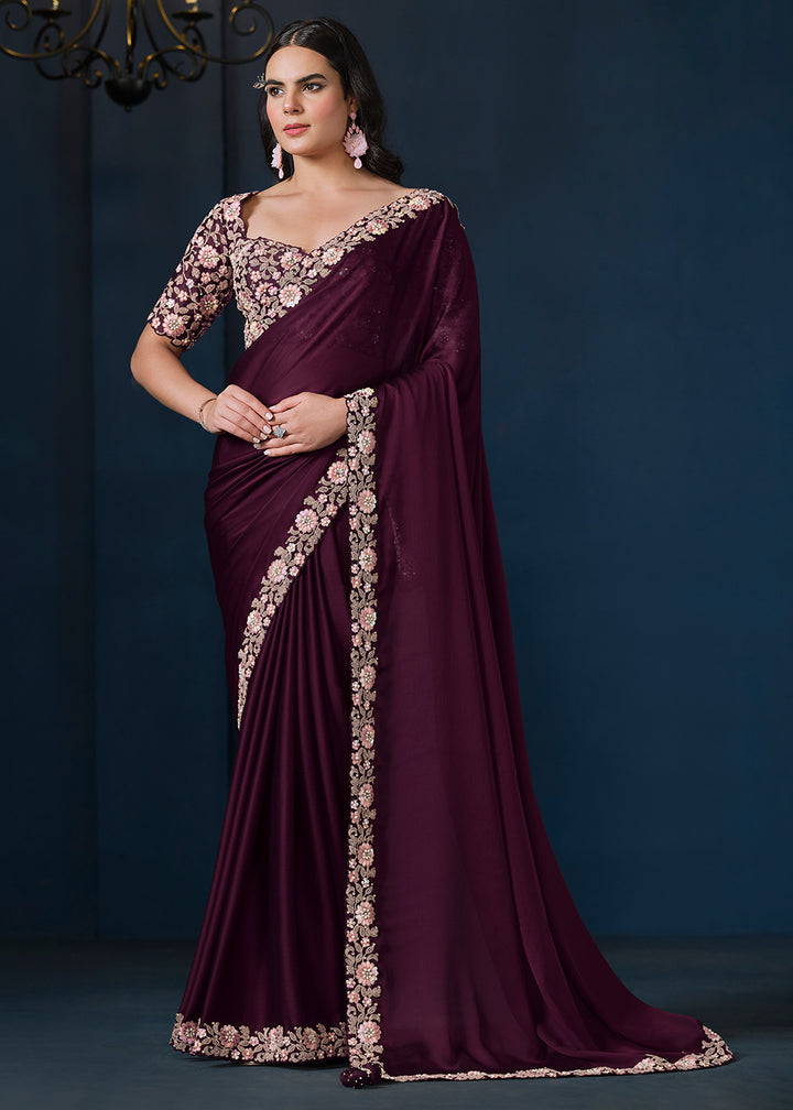 Rasin Purple Satin Chiffon Saree with Sequins and Moti work