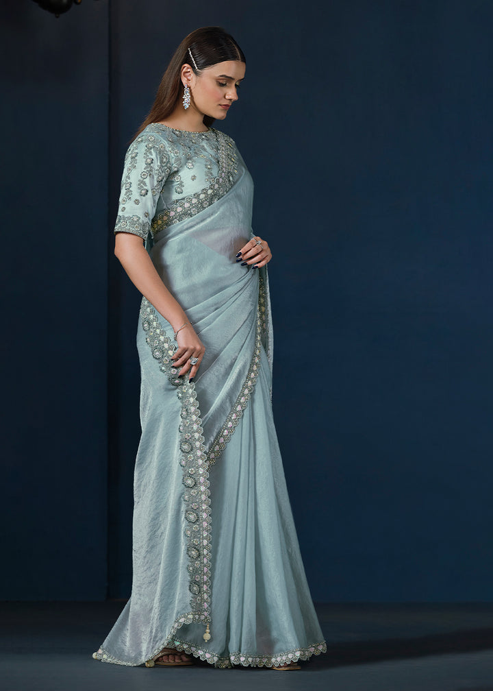 Ice Blue Satin Silk Saree with Elegant Handwork and Moti work