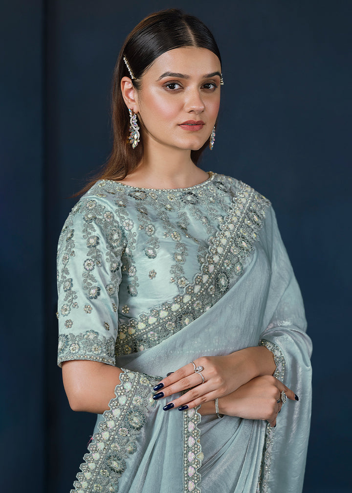 Ice Blue Satin Silk Saree with Elegant Handwork and Moti work