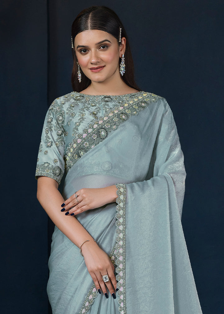 Ice Blue Satin Silk Saree with Elegant Handwork and Moti work