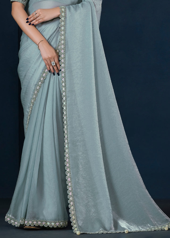 Ice Blue Satin Silk Saree with Elegant Handwork and Moti work