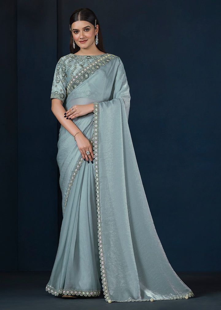Ice Blue Satin Silk Saree with Elegant Handwork and Moti work