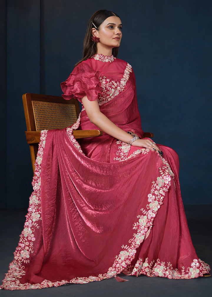Raspberry Pink Satin Silk Saree with Elegant Handwork and Sequins Details