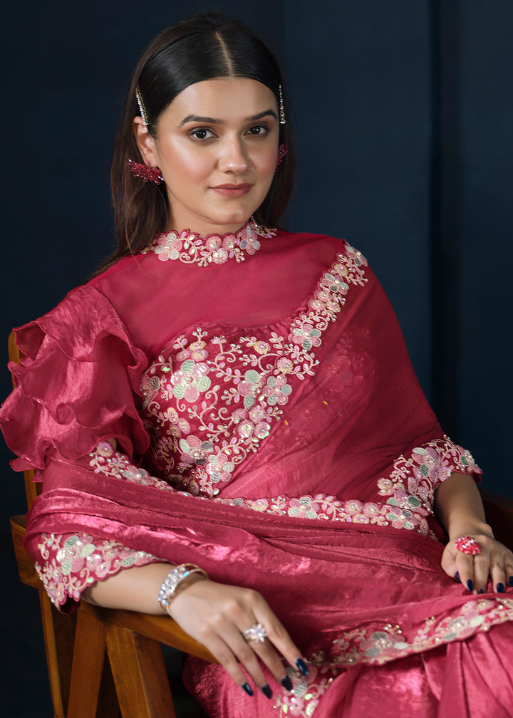 Raspberry Pink Satin Silk Saree with Elegant Handwork and Sequins Details