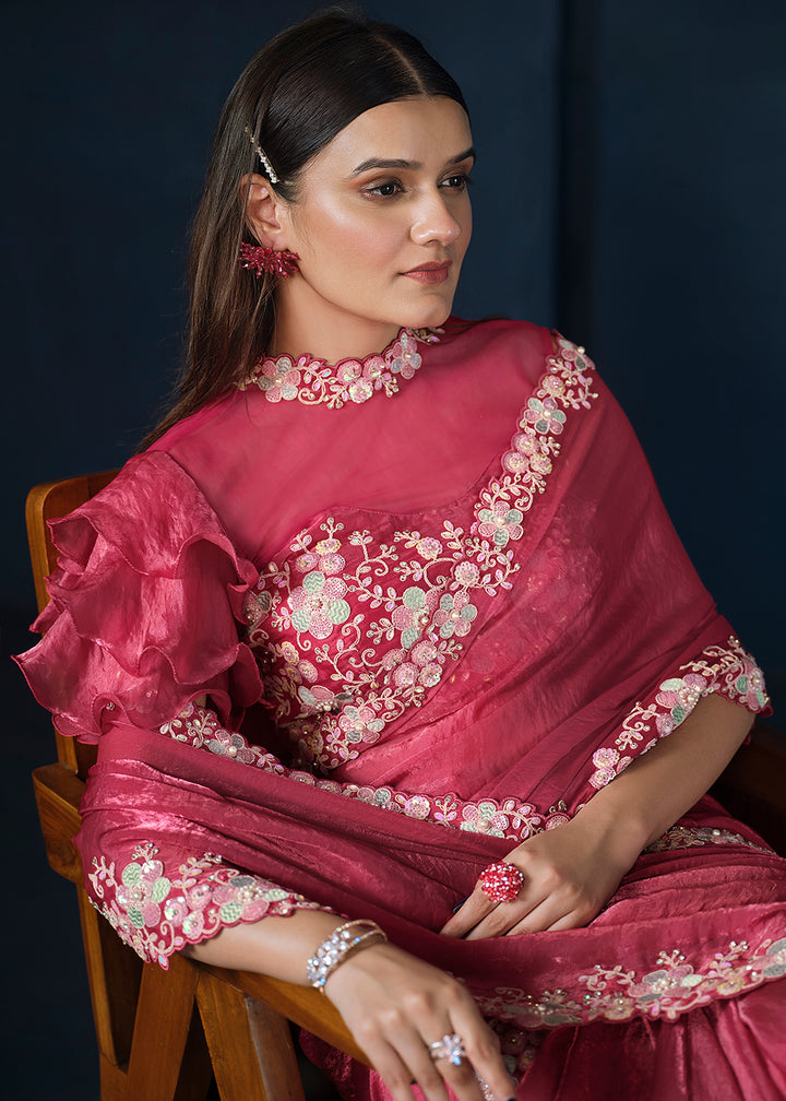 Raspberry Pink Satin Silk Saree with Elegant Handwork and Sequins Details