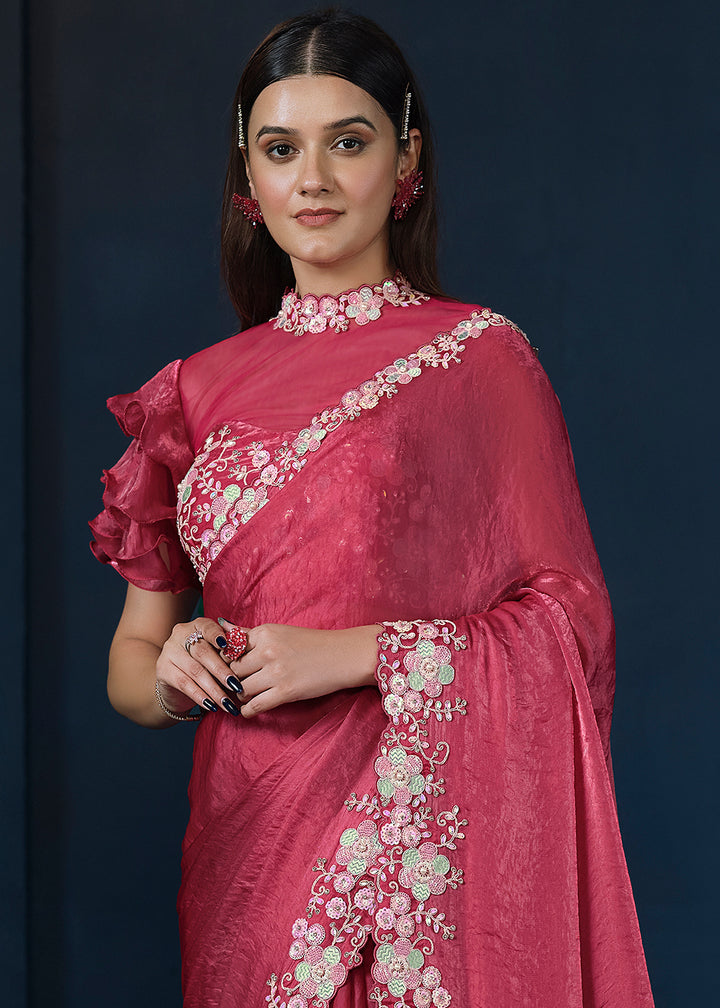 Raspberry Pink Satin Silk Saree with Elegant Handwork and Sequins Details