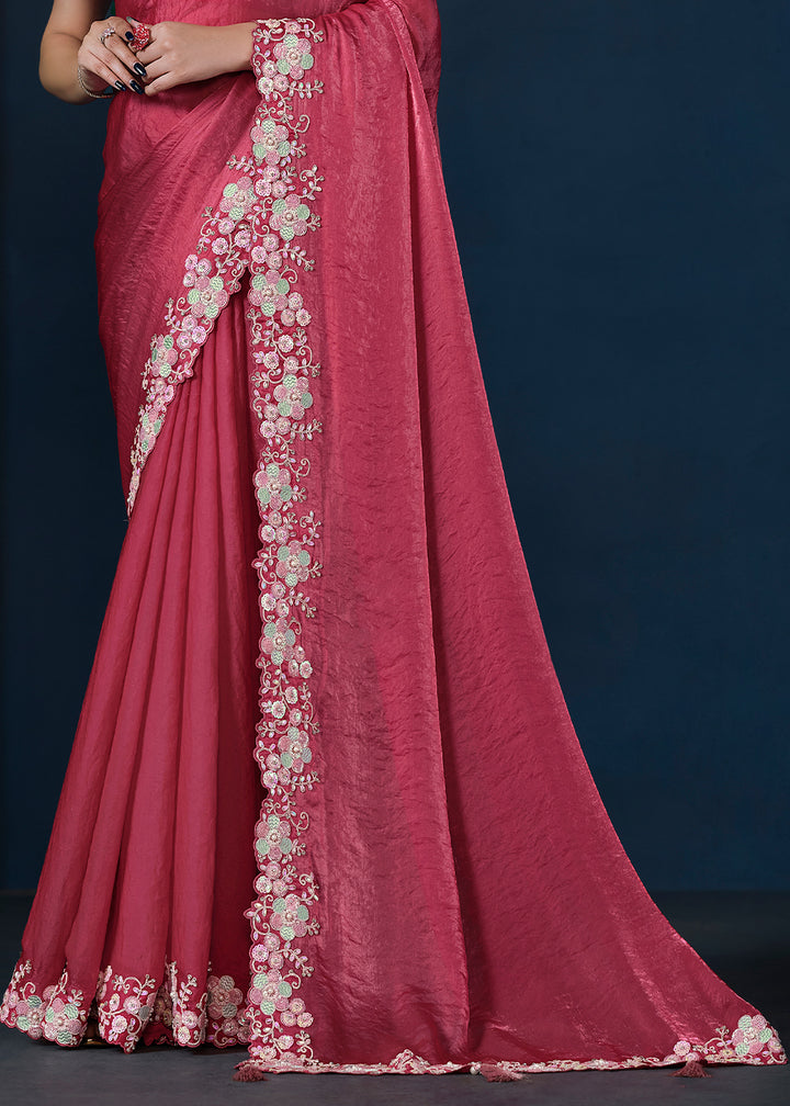 Raspberry Pink Satin Silk Saree with Elegant Handwork and Sequins Details
