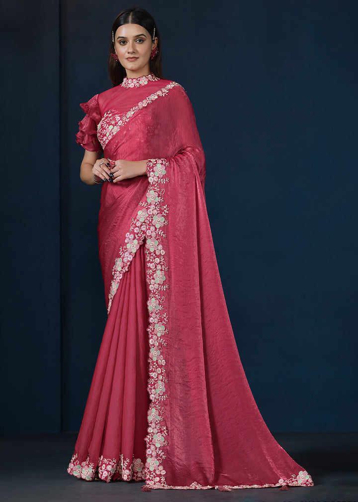Raspberry Pink Satin Silk Saree with Elegant Handwork and Sequins Details