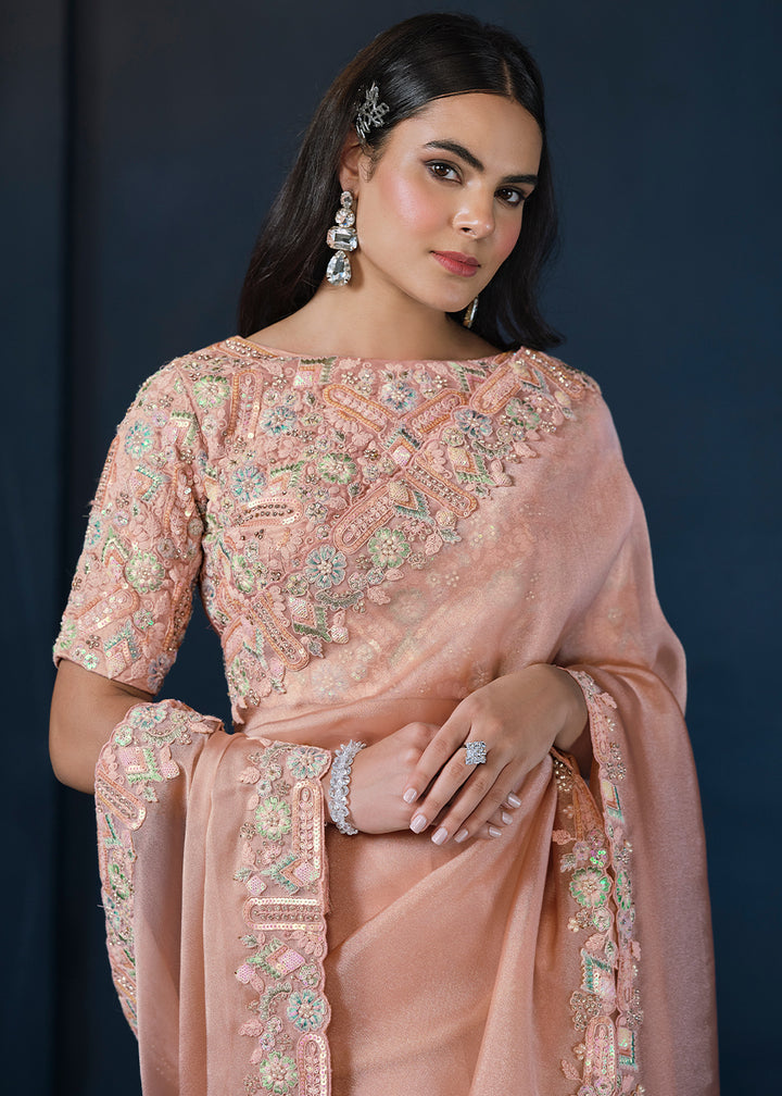 Peach Pink Tissue Silk Saree with Elegant Motiwork and Sequins Details