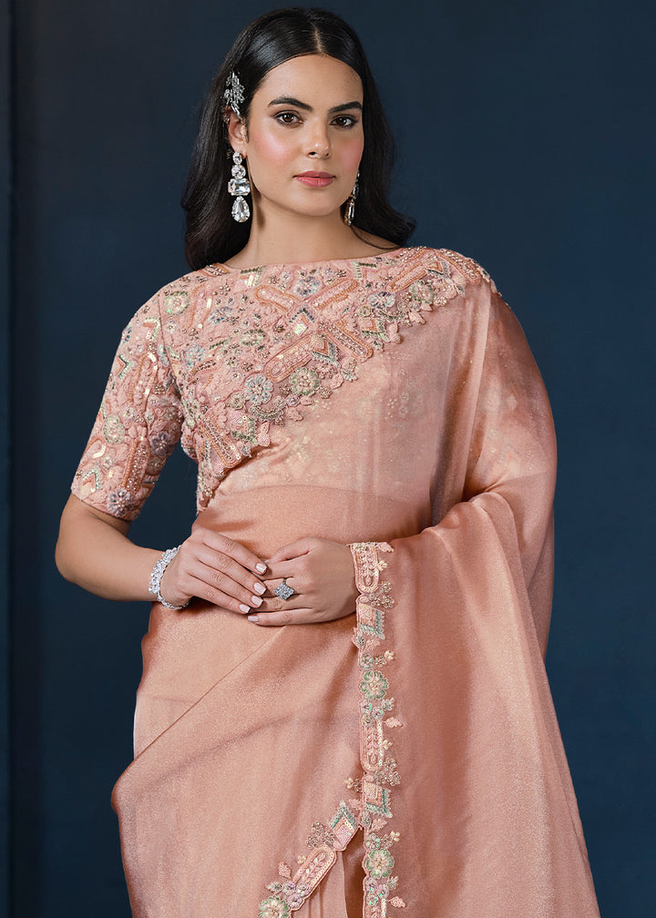 Peach Pink Tissue Silk Saree with Elegant Motiwork and Sequins Details
