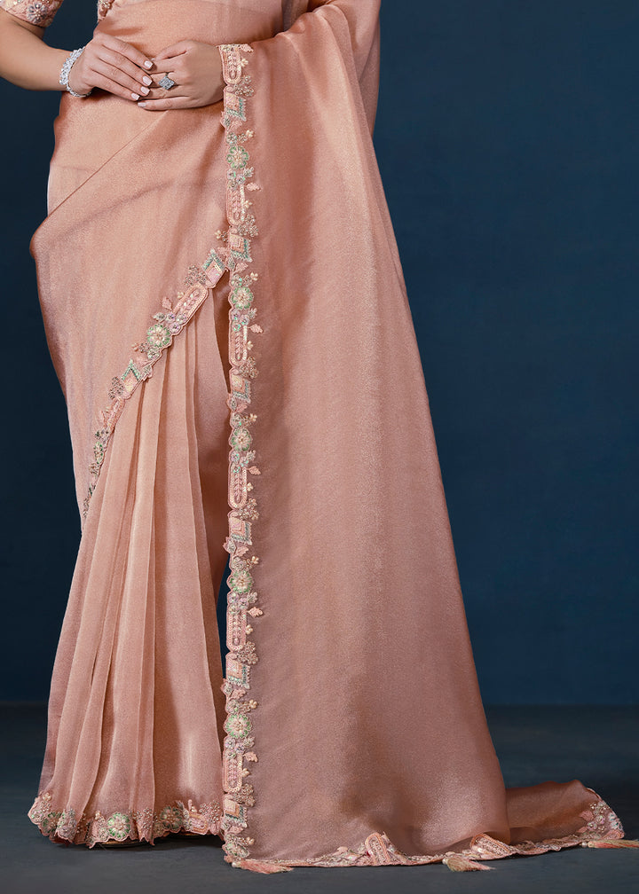 Peach Pink Tissue Silk Saree with Elegant Motiwork and Sequins Details