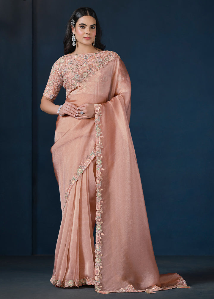 Peach Pink Tissue Silk Saree with Elegant Motiwork and Sequins Details