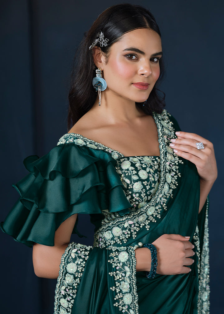 Dark Peacock Blue Crepe Satin Silk Saree with Elegant Handwork and Sequins Details