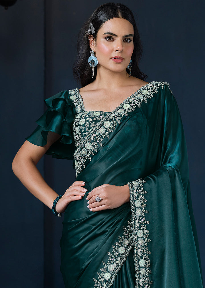 Dark Peacock Blue Crepe Satin Silk Saree with Elegant Handwork and Sequins Details