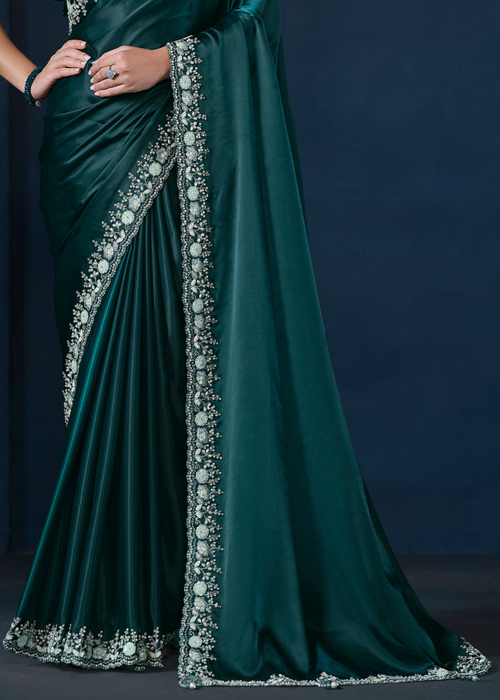 Dark Peacock Blue Crepe Satin Silk Saree with Elegant Handwork and Sequins Details