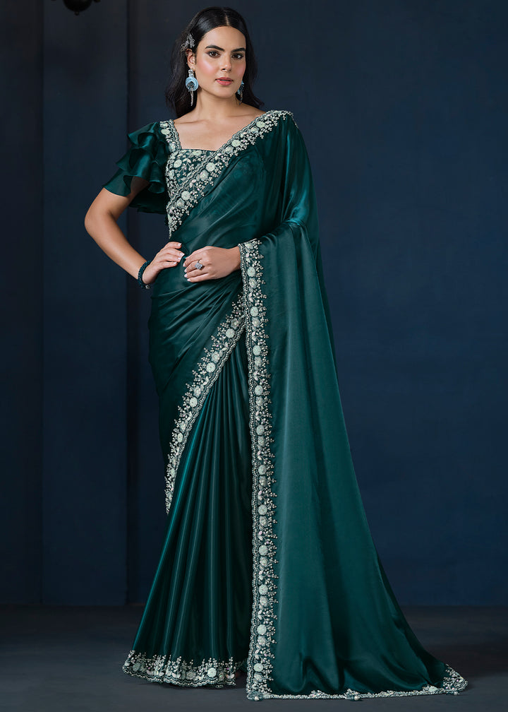 Dark Peacock Blue Crepe Satin Silk Saree with Elegant Handwork and Sequins Details