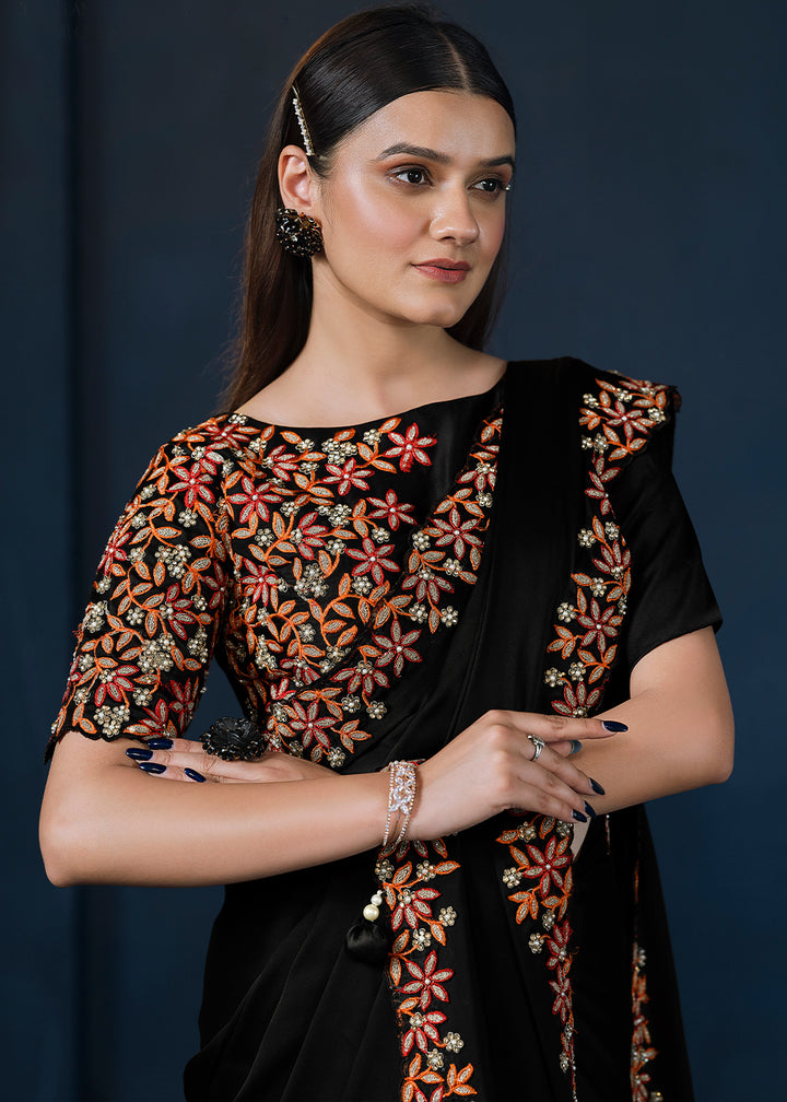 Ebony Black Crepe Satin Silk Saree with Elegant Handwork and Thread Embroidery