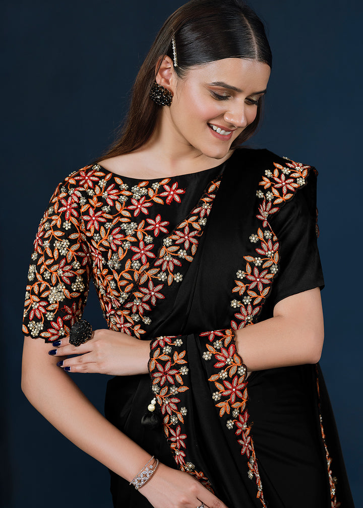 Ebony Black Crepe Satin Silk Saree with Elegant Handwork and Thread Embroidery
