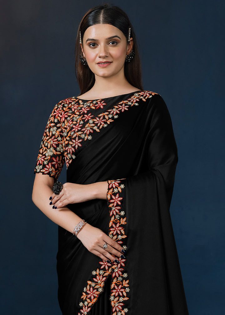 Ebony Black Crepe Satin Silk Saree with Elegant Handwork and Thread Embroidery
