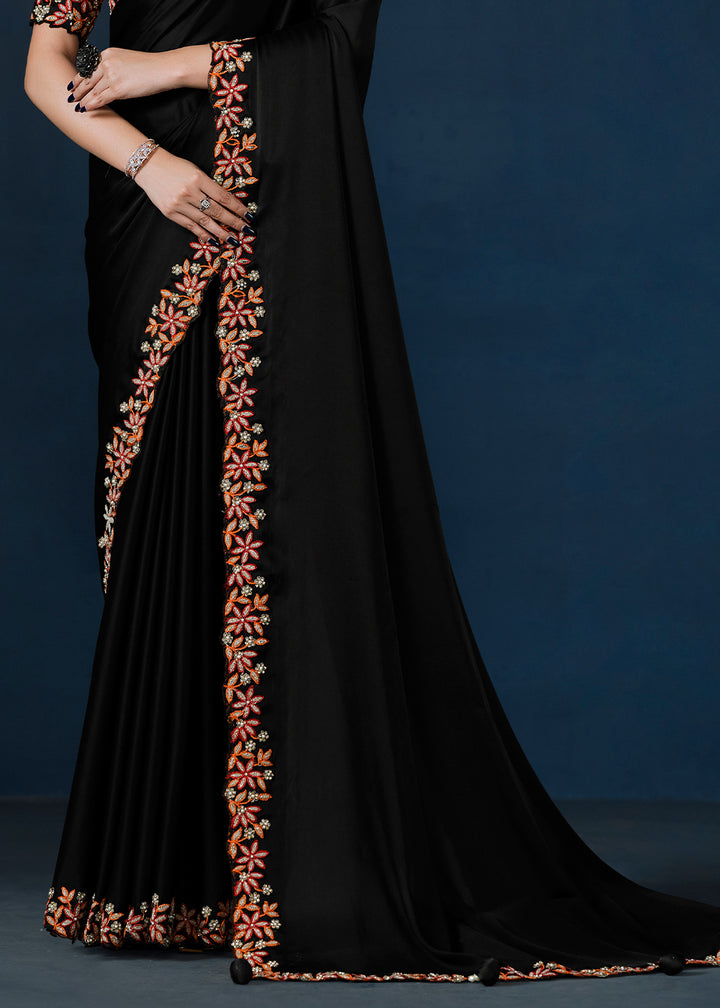 Ebony Black Crepe Satin Silk Saree with Elegant Handwork and Thread Embroidery