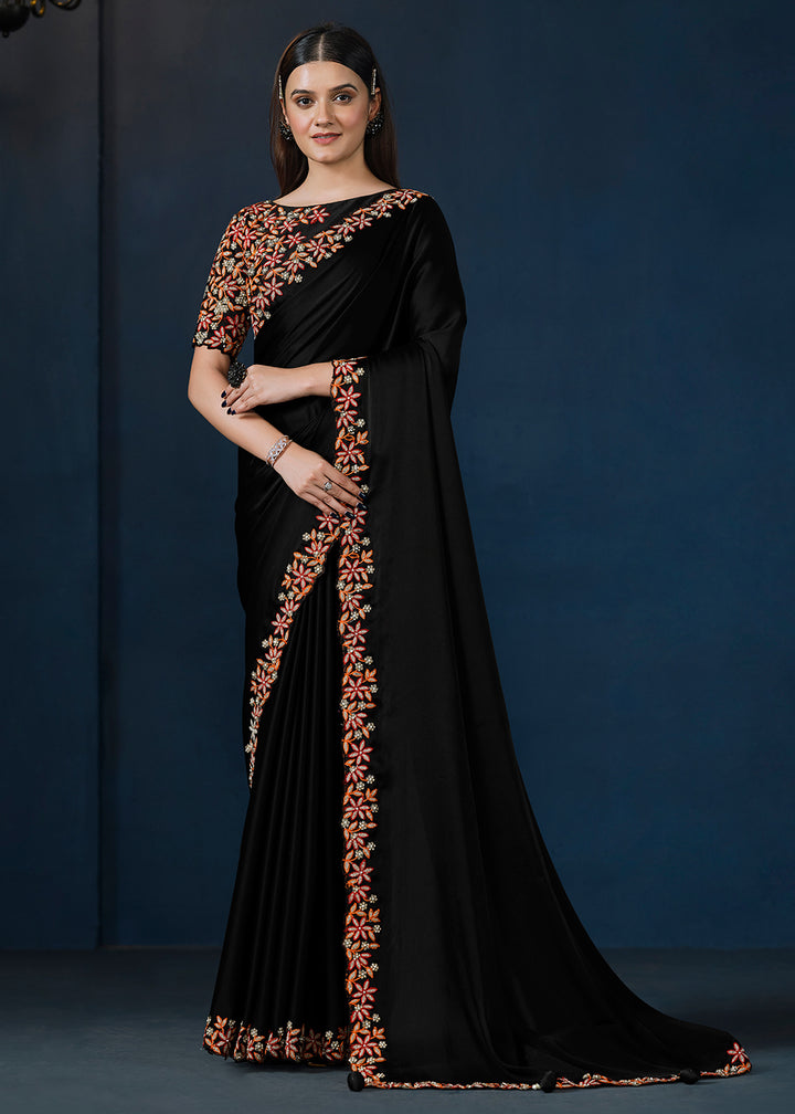 Ebony Black Crepe Satin Silk Saree with Elegant Handwork and Thread Embroidery