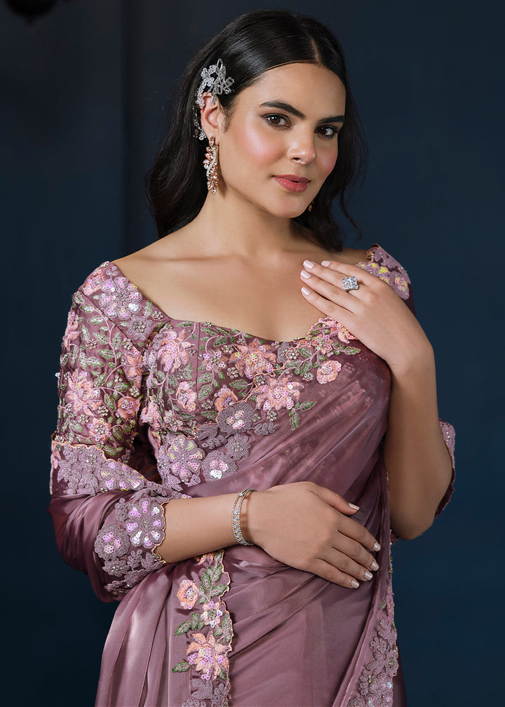 Iris Purple Crepe Satin Silk Saree with Elegant Handwork and Sequins Details