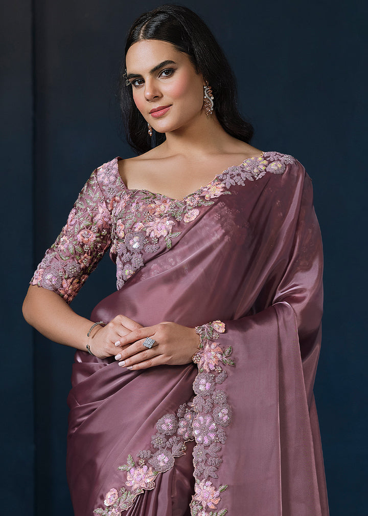 Iris Purple Crepe Satin Silk Saree with Elegant Handwork and Sequins Details