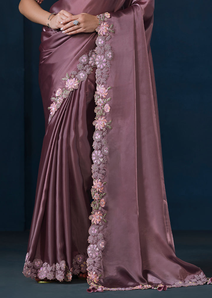 Iris Purple Crepe Satin Silk Saree with Elegant Handwork and Sequins Details