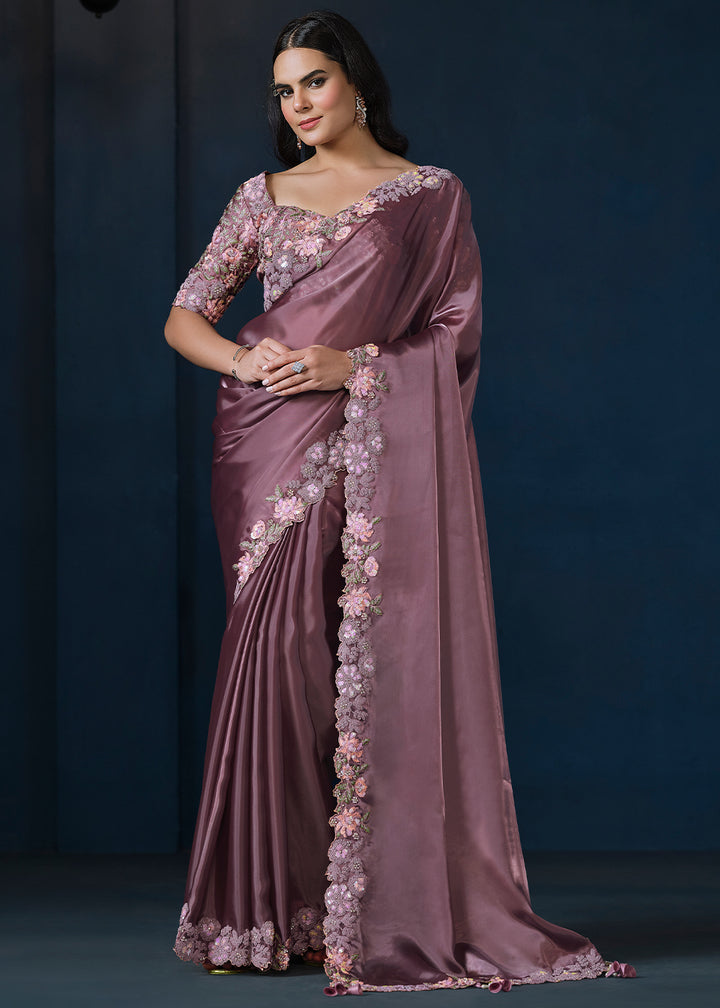 Iris Purple Crepe Satin Silk Saree with Elegant Handwork and Sequins Details