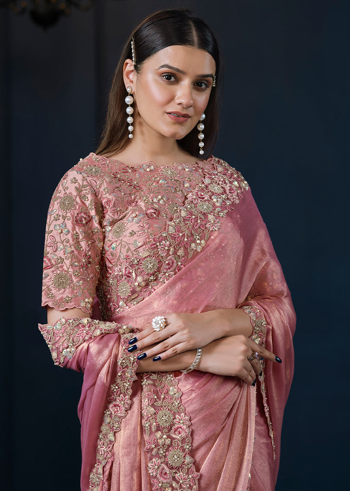 Carnation Pink Shimmer Chiffon Silk Saree with Elegant Handwork and Sequins Details