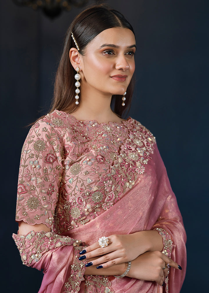 Carnation Pink Shimmer Chiffon Silk Saree with Elegant Handwork and Sequins Details