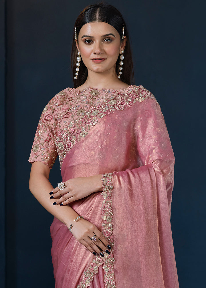 Carnation Pink Shimmer Chiffon Silk Saree with Elegant Handwork and Sequins Details