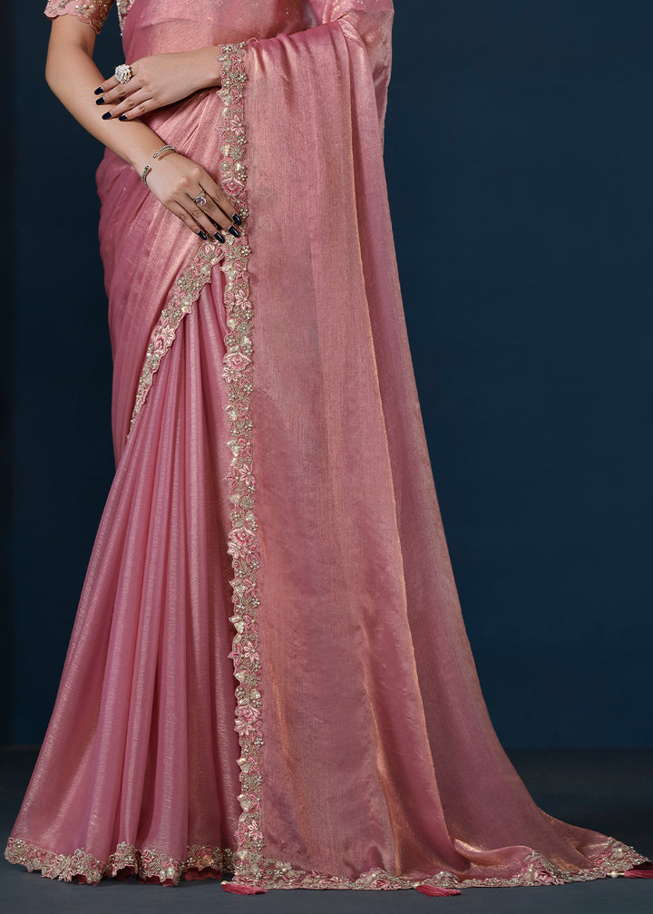Carnation Pink Shimmer Chiffon Silk Saree with Elegant Handwork and Sequins Details