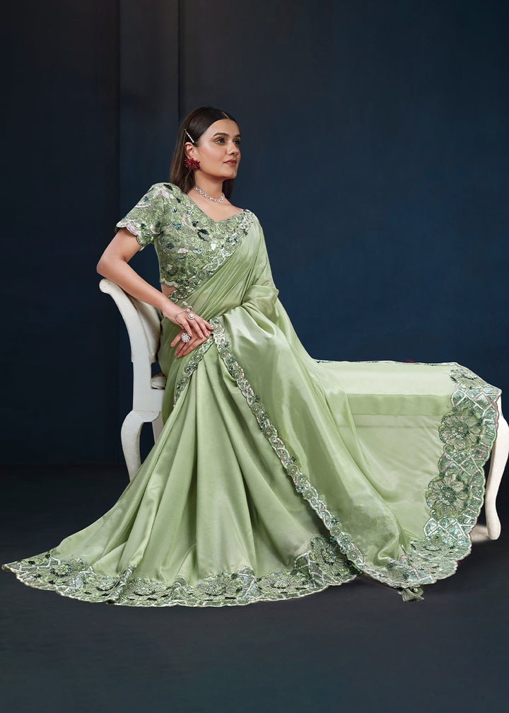 Cool Green Tussar Silk Saree with Elegant Embroidery,Sequins and Stone Work