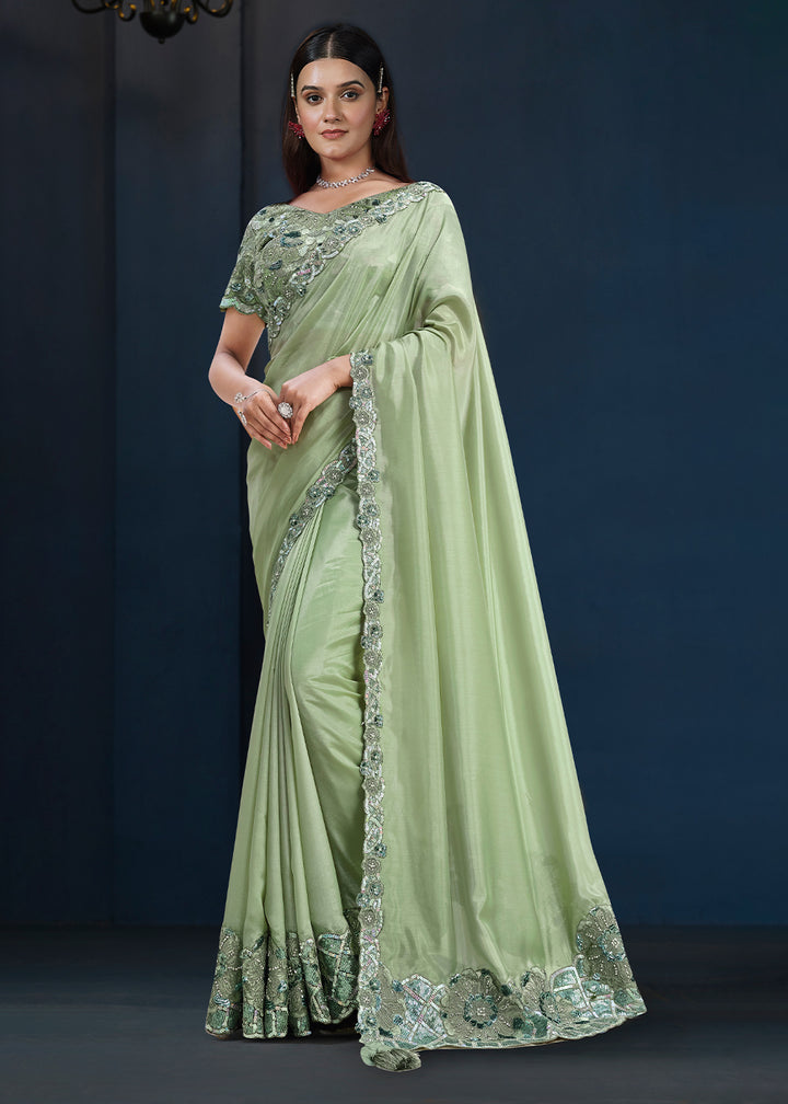 Cool Green Tussar Silk Saree with Elegant Embroidery,Sequins and Stone Work
