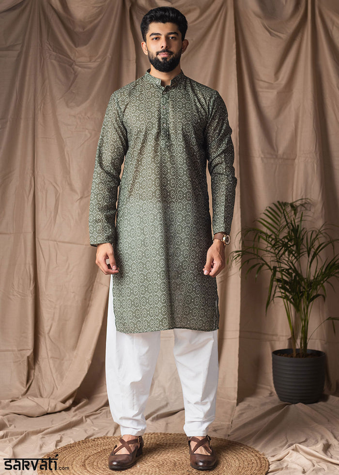 Sage Green Blended Linen Kurta with Micro Dot Print