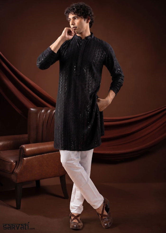 Rich Black Rayon Kurta with Shimmering Sequin Work