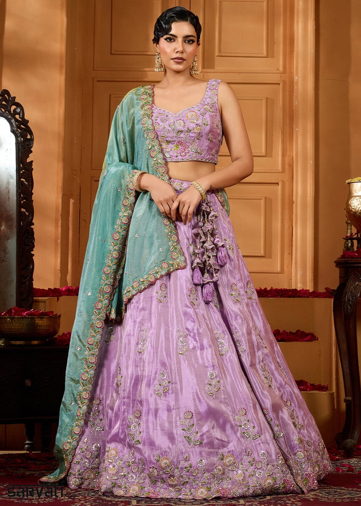 Lavender Purple Satin Silk Lehenga Choli with Handcrafted Floral & Sequin Work