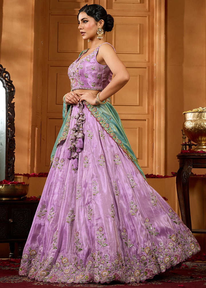 Lavender Purple Satin Silk Lehenga Choli with Handcrafted Floral & Sequin Work