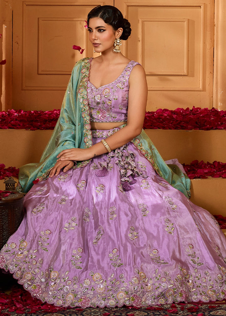 Lavender Purple Satin Silk Lehenga Choli with Handcrafted Floral & Sequin Work