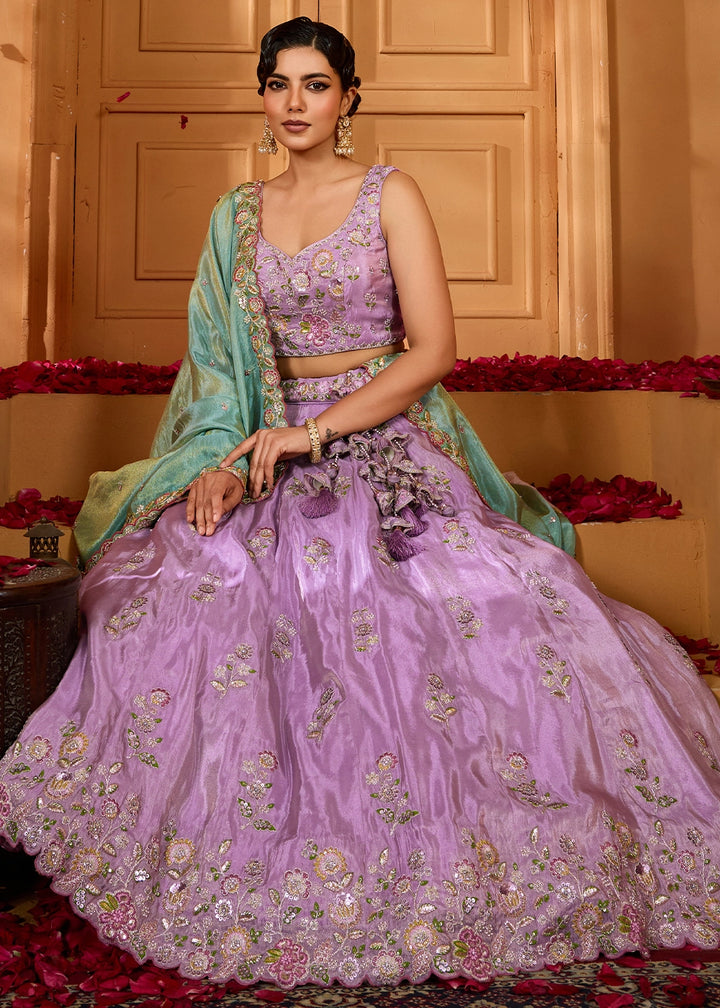 Lavender Purple Satin Silk Lehenga Choli with Handcrafted Floral & Sequin Work